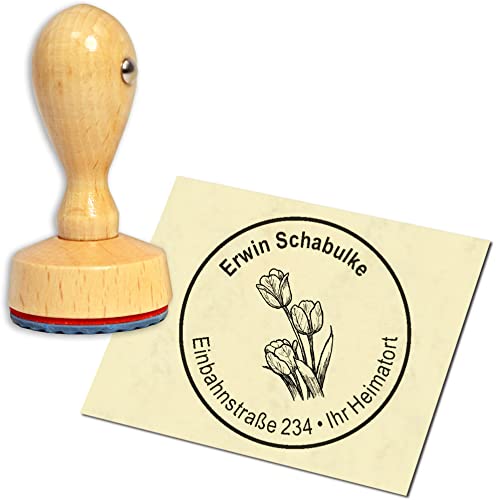 Stempel Adressstempel Holzstempel - drei Tulpen - rund ∅ 40mm personalisiert als Firmenstempel Namensstempel Bürostempel von dekolando