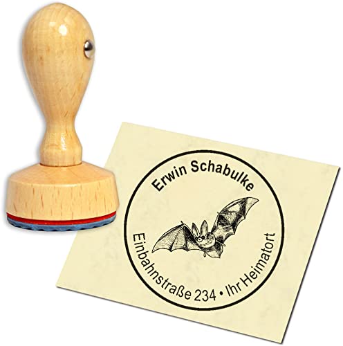 Stempel Adressstempel Holzstempel - fliegende Fledermaus - rund ∅ 40mm personalisiert als Firmenstempel Namensstempel Bürostempel von dekolando