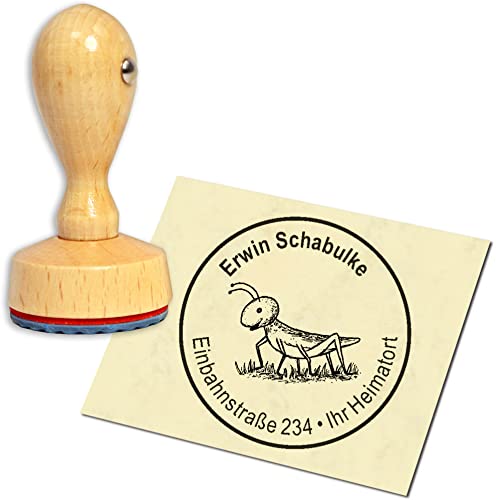 Stempel Adressstempel Holzstempel - niedlicher Grashüpfer - rund ∅ 40mm personalisiert als Firmenstempel Namensstempel Bürostempel von dekolando