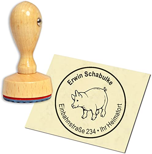 Stempel Adressstempel Holzstempel - niedliches Schwein - rund ∅ 40mm personalisiert als Firmenstempel Namensstempel Bürostempel von dekolando