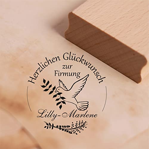 Stempel Herzlichen Glückwunsch zur Firmung mit Name - Taube Kranz Motivstempel Holzstempel 38 x 38 mm von dekolando