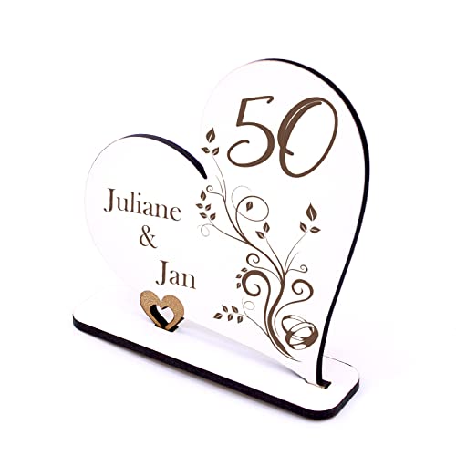 dekolando Goldene Hochzeit Deko Herz 50 Jahre Jubiläum personalisiert Tischdeko 50er Hochzeitstag Aufsteller Schild Geldgeschenk Tischaufsteller 15 x 15 cm von dekolando