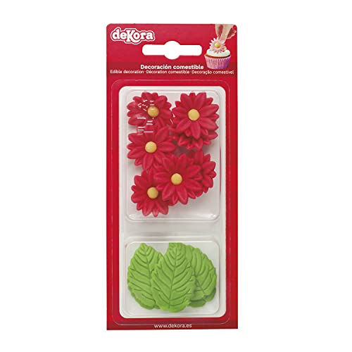 Dekora - Essbare Blumen für Torte aus Zucker - Box mit 7 roten Gänseblümchen und 5 grünen Blättern - Zuckerblumen Tortendeko Geburtstag Essbar von dekora