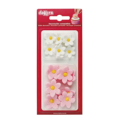 Dekora - Essbare Blumen für Torte aus Zucker - Box mit 7 weißen und 7 rosa Gänseblümchen - Zuckerblumen Tortendeko Geburtstag Essbar von dekora