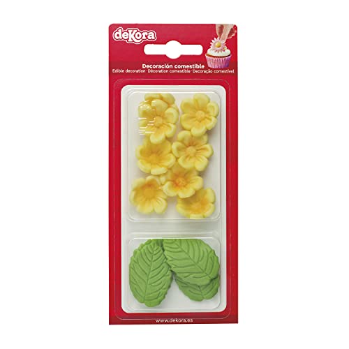 Dekora - Essbare Blumen für Torte aus Zucker - Box mit 8 gelben Blüten und 5 grünen Blättern - Zuckerblumen Tortendeko Geburtstag Essbar von dekora