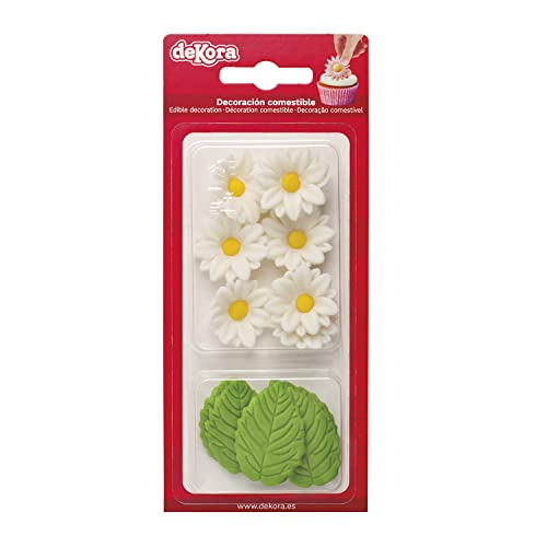Essbare Blumen für Torte aus Zucker - Box mit 7 weißen Gänseblümchen und 5 grünen Blättern - Zuckerblumen Tortendeko Geburtstag Essbar von dekora