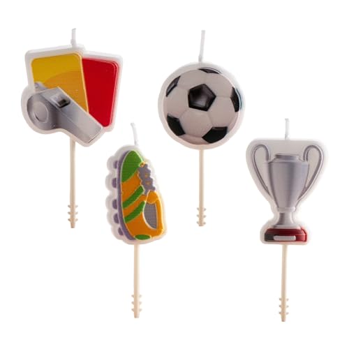 dekora Geburtstagskerzen mit Fußballmotiven, 8 cm, 4 einzigartige Modelle, Pfeife, Tasse, Fußball, Ball, Stiefel, perfekte Dekoration für Fußball-Fans von dekora