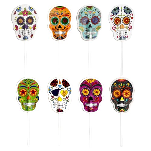 dekora Halloween Tortendeko Topper – 16 Stück Totenkopf Spieße, 8 Designs, 9x4,5 cm Für Torten, Cupcakes & Süßigkeiten | Partydeko zu Halloween & Día de los Muertos wiederverwendbar von dekora