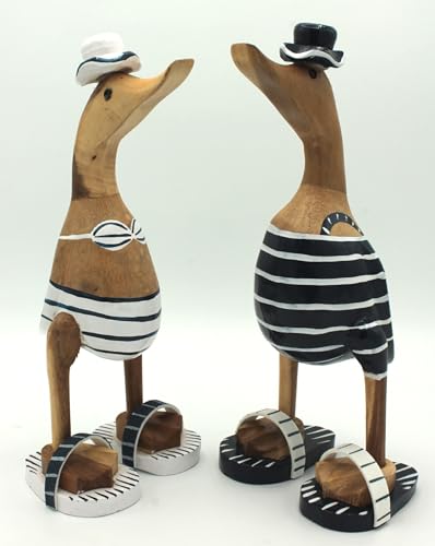 Deko Enten Paar mit Badeanzug 25 cm Holz Weiss und blau Handarbeit Unikate von dekoundmeer