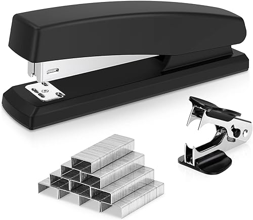 Deli Heftgerät, Desktop-Heftgerät,Büroheftgerät, Kapazität von 25 Blatt, inklusive 1000 Heftklammern und Heftklammernentferner (Schwarz) von deli