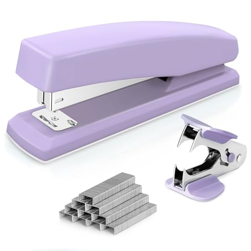 Deli Heftgerät, Desktop-Heftgerät,Büroheftgerät, Kapazität von 25 Blatt, inklusive 1000 Heftklammern und Heftklammernentferner, Violett von deli