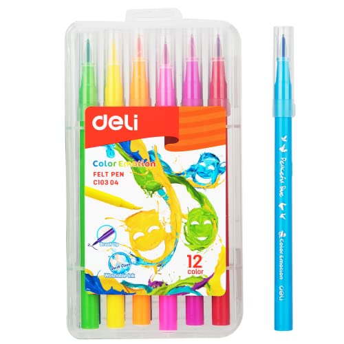 deli Filzstifte Set für Kinder & Erwachsene – 12 Farben, Waschbare Tinte, Dicke & Dünne Spitzen, Malstifte für Schule & Hobby, Ideale Stifte zum Zeichnen & Malen von deli