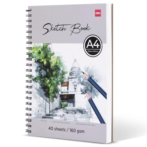 deli Skizzenbuch A4, 160 g/m² Zeichenpapier, 40 Blatt/80 Seiten Spiralgebundener Zeichenblock – Malblock DIN A4 für Zeichnen, Skizzieren & Illustration, Künstlerbedarf Sketchbook (Hochformat) von deli