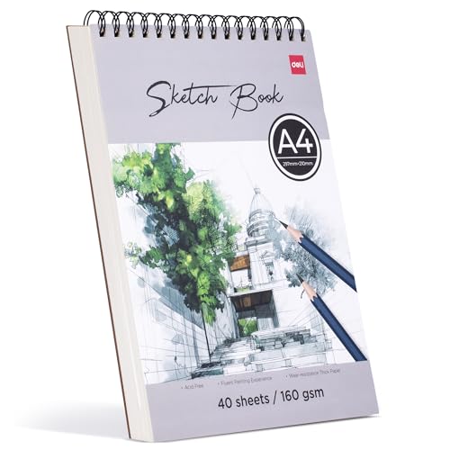 deli Skizzenbuch A4, 160 g/m² Zeichenpapier, 40 Blatt/80 Seiten Spiralgebundener Zeichenblock – Malblock DIN A4 für Zeichnen, Skizzieren & Illustration, Künstlerbedarf Sketchbook (Querformat) von deli