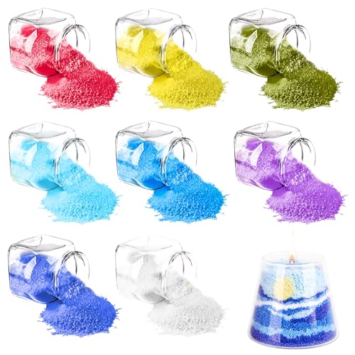 dellyy Kerzensand, Kerzenwachs Granulat 8 Farben, Kerzensand Set mit 40 Dochte, Paraffinwachs für Kerzen, Candle Sand, Wachsgranulat für Kerzen, Aroma Kerzensand, Wachsgranulat für Kerzen mit Docht von dellyy