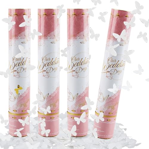 dellyy Konfettikanone*4, Party Popper, Konfettikanone Hochzeit, Konfetti-Shooter, Konfettikanone xxl für Geburtstag Vorschlag Party Feiern (Weißer Schmetterling) von dellyy