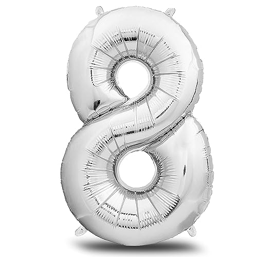 envami® Folienluftballon Zahl XXL Silber 101cm - Geburtstagsdeko Riesen Zahlenballon - Ballon Zahl Deko zum Geburtstag - fliegt mit Helium (Zahl 8) von envami