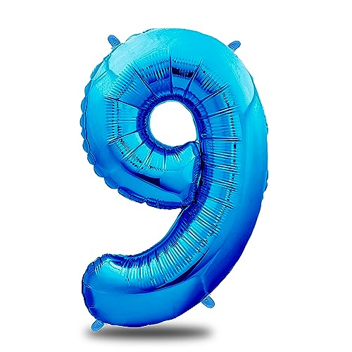 envami® Luftballon Geburtstag XXL Blau - Riesen Folienballon in 40" - 101cm Geburtstagsdeko - Ballon Zahl Deko zum Geburtstag - Geburtstagsdeko Jungen Blau - fliegt mit Helium (Zahl 9) von envami