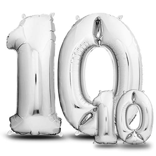 envami® Luftballons 10. Geburtstag XXL Silber - Riesen Folienballon in 2 Größen 40" & 16" - 101cm + 40cm Geburtstagsdeko Set - Vier Zahlen - Ideal als Deko - fliegt mit Helium von envami