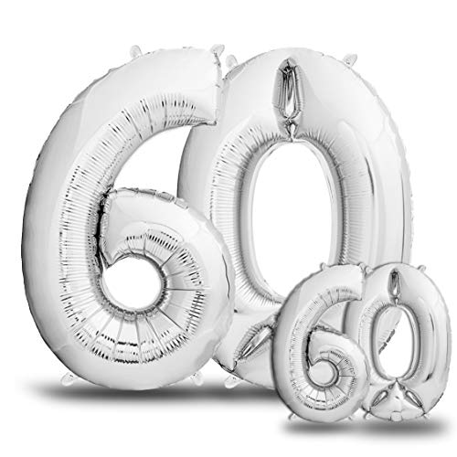 envami® Luftballons 60. Geburtstag XXL Silber - Riesen Folienballon in 2 Größen 40" & 16" - 101cm + 40cm Geburtstagsdeko Set - Vier Zahlen - Ideal als Deko - fliegt mit Helium von envami