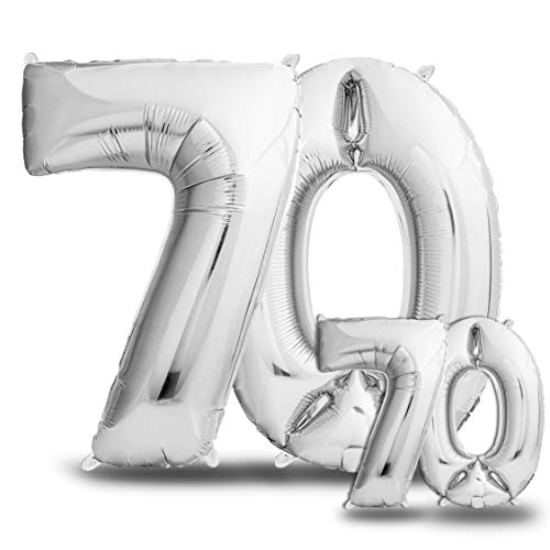 envami® Luftballons 70. Geburtstag XXL Silber - Riesen Folienballon in 2 Größen 40" & 16" - 101cm + 40cm Geburtstagsdeko Set - Vier Zahlen - Ideal als Deko - fliegt mit Helium von envami