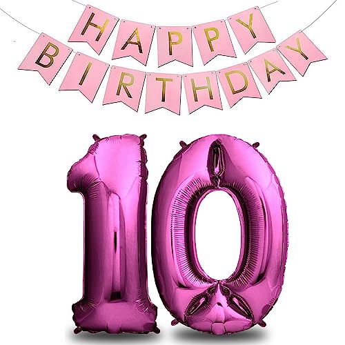 envami® XXL Folienluftballons - Luftballons Pink + Happy Birthday Girlande - Riesen Zahlen -Luftballons - 40" 101CM - Perfekte Geburtstagsdeko Rosa - Fliegt mit Helium (Zahl 10) von envami