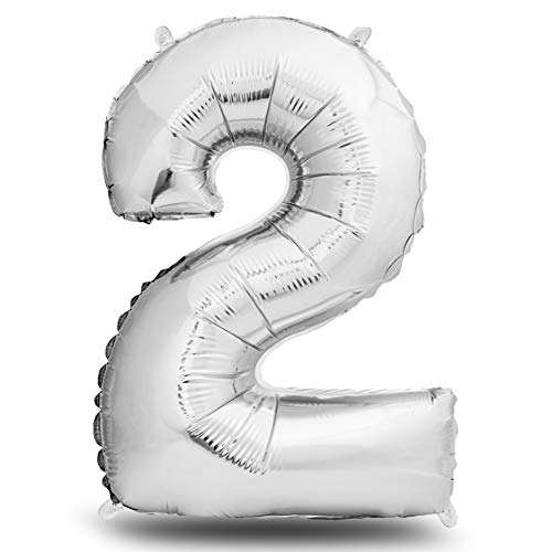 envami® Folienluftballon Zahl XXL Silber 101cm - Geburtstagsdeko Riesen Zahlenballon - Ballon Zahl Deko zum Geburtstag - fliegt mit Helium (Zahl 2) von envami