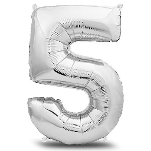 envami® Folienluftballon Zahl XXL Silber 101cm - Geburtstagsdeko Riesen Zahlenballon - Ballon Zahl Deko zum Geburtstag - fliegt mit Helium (Zahl 5) von envami
