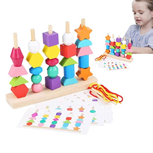 delr Holzschnürperlen - Set aus Holzperlen Spielzeug Perlen zum Auffädeln von Seilen, Farberkennungsspielzeug, passende Formstapler, Perlen von delr