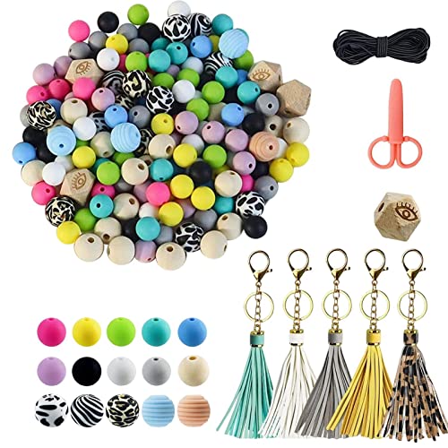 delr Silikonperlen, 255 bunte Silikonperlen mit 5 Quasten, Schlüsselanhänger für Schlüsselanhänger – runde Perlen aus Silikon für Schmuck, Halskette, Armband delr Silikonperlen, 255 bunte Silikonperlen mit 5 Quasten, Schlüsselanhänger für Schlüsselanhänger – runde Perlen aus Silikon für Schmuck, Halskette, Armband von delr