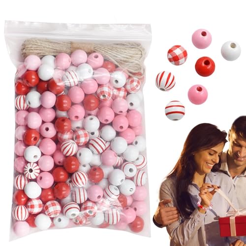 demaxiyad Holzperlen zum Valentinstag, 200 x natürliche, lose Perlen, 1,6 cm, runde Kugel für Valentinstags-Bastelarbeiten, rustikale Perlen mit Seil von demaxiyad