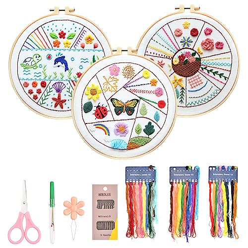 dentedeleao Stickerei Kreuzstich Set für Anfänger Erwachsene 3 Stück Handmade Embroidery Starter Kit, Anfänger Stickerei Set mit Anleitung Stickrahmen Stickgarn Nadel, für DIY Kunst, Handwerk, Nähen von dentedeleao