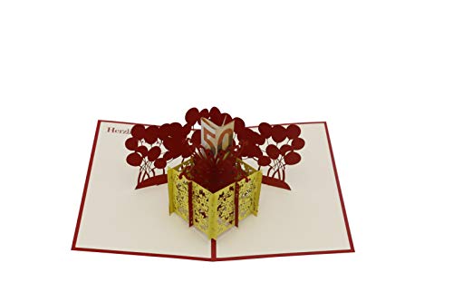 Geschenkbox Karton, Karte für Geldgeschenk, Herzlichen Glückwunsch, Happy Birthday, Geschenkpaket, 3d Klappkarte, Pop Up Karte, Glückwunschkarte, Grußkarte, Geschenkkarte (gelb/rot) von design3dkarten