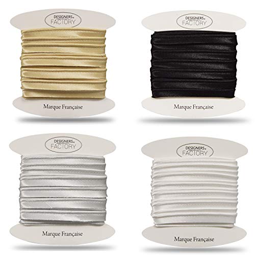 Schöne Satin paspelband - ideal für raffinierte Abschlüsse, zum Anbringen zwischen 2 Stoffen oder am Rand Ihrer Kreationen. (Satz mit 4 Stück (5 Meter pro Farbe), Weiß, schwarz, gold, silber) von designers-factory