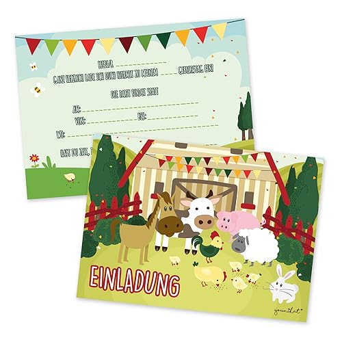 #detailverliebt 15 Bauernhof Einladungskarten I dv085 I DIN A6 I Einladung Set Kinder-Geburtstag zum Ausfüllen für Kinder Jungen Jungs Mädchen von #detailverliebt