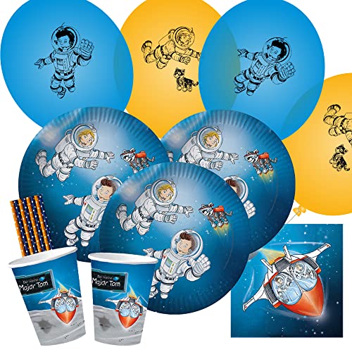 dh-konzept/spielum 52-teiliges Party-Set - Weltraum Astronaut Major Tom - Teller Becher Servietten Ballons Trinkhalme für 8 Kinder von dh-konzept/spielum