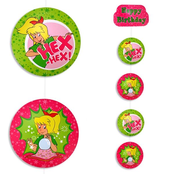 Bibi Blocksberg Deckenhänger, 1,5m, Happy Birthday-Kopfteil + 4 runde Motive, je Ø18cm Bibi Blocksberg Deckenhänger, 1,5m, Happy Birthday-Kopfteil + 4 runde Motive, je Ø18cm von dh-konzept