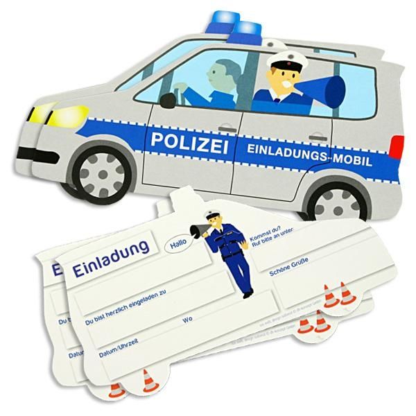 Polizei Einladungskarten, 6er Pack Einladungen als Polizeiauto, 18x10cm von dh-konzept