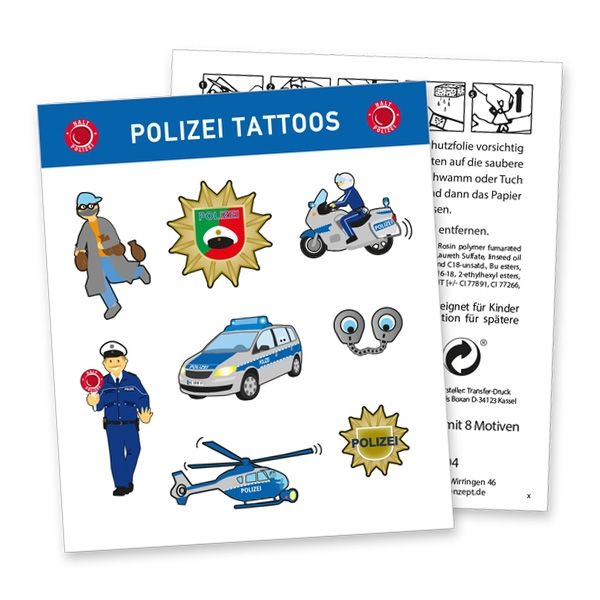 Tattoobogen "Polizei" mit 8 tollen Klebetattoos für Jungen & Mädchen Tattoobogen "Polizei" mit 8 tollen Klebetattoos für Jungen & Mädchen von dh-konzept