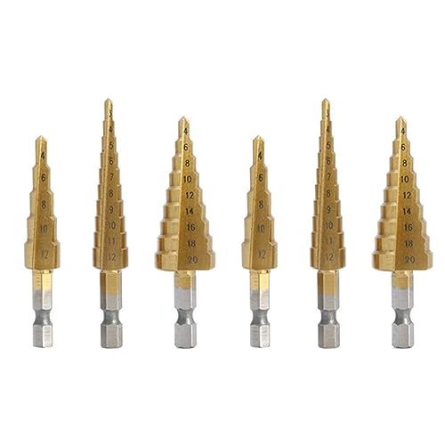 dissot 6 Stück Bohrer, aus Stahl, Elektrowerkzeuge, Kegelschneider, Lochschneider aus Metall, mit Titan, Wechsel des Sechskantschafts, 1/4 Zoll, 3 – 12 mm/4 – 12 mm/4 – 20 mm dissot 6 Stück Bohrer, aus Stahl, Elektrowerkzeuge, Kegelschneider, Lochschneider aus Metall, mit Titan, Wechsel des Sechskantschafts, 1/4 Zoll, 3 – 12 mm/4 – 12 mm/4 – 20 mm von dissot