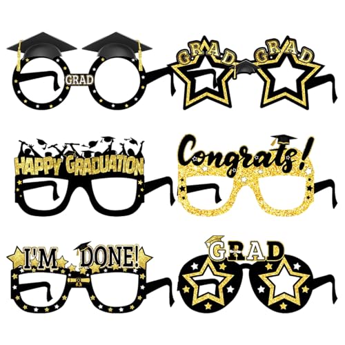 divuukyi 6 Stück stilvolle Abschluss-Brillen Schwarz Gold Themed Graduation Brille 2025 Photo Booth Requisiten Party Supplies divuukyi 6 Stück stilvolle Abschluss-Brillen Schwarz Gold Themed Graduation Brille 2025 Photo Booth Requisiten Party Supplies von divuukyi
