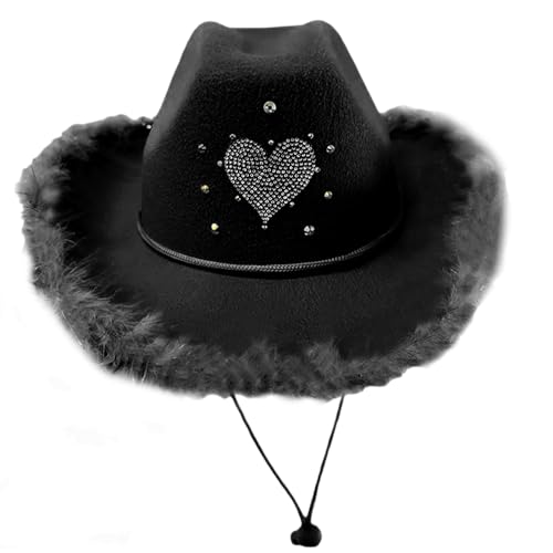 divuukyi Cowboyhüte mit Plüschbesatz und Herzmuster, Karneval, Rolle, Party, Cowgirl-Hut, breite Krempe, Party-Filzhut von divuukyi