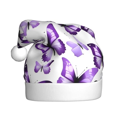 dkkuvt Weihnachtsmütze mit Schmetterlings-Aufdruck, 53–60 cm, Weihnachtszubehör, Partyzubehör, Weihnachtsgeschenk, Weihnachtsmannmütze, Weiß / Violett von dkkuvt