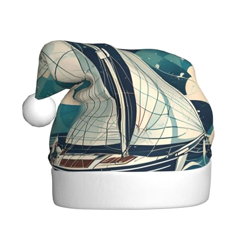 dkkuvt Weihnachtsmütze mit Segelboot-Druck, 53–60 cm, Weihnachtszubehör, Partyzubehör, Urlaub, Nikolausmütze von dkkuvt