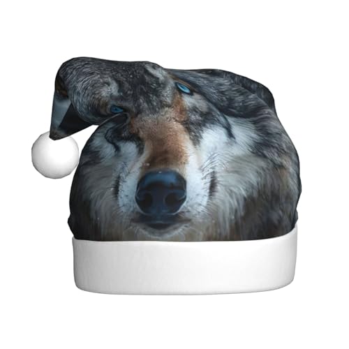 dkkuvt Weihnachtsmütze mit blauen Augen, Wolfsaufdruck, 53–60 cm, Weihnachtszubehör, Partyzubehör, Urlaub, Nikolausmütze von dkkuvt