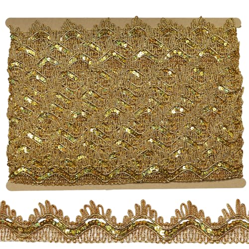 dlboboai 35 mm breites Pailletten-Spitzenbesatz, geflochtenes Polyesterband – 12 Meter zum Nähen, Basteln, Kleidung, Vorhänge, Lampenschirm, Heim-DIY-Dekoration (Gold mit goldenen Pailletten) von dlboboai