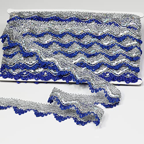dlboboai Glänzendes Silber-Pailletten, Spitzenbesatz, Polyester, geflochtenes Band, 14 Meter, 35 mm breit, zum Nähen, Basteln, Kleidung, Vorhänge, Heimwerker-Dekoration (Blau-Silber, 35 mm breit) von dlboboai