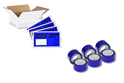 SET = 1000 Versandtaschen + 6 Packbänder - Lieferschein/Rechnung - DIN Lang (Blau) von dm-folien gmbh