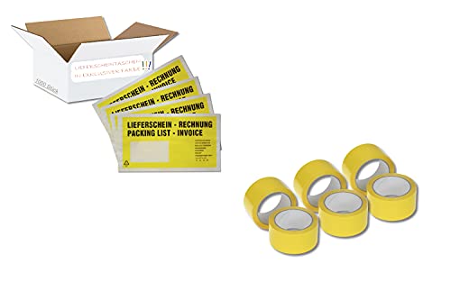 SET = 1000 Versandtaschen + 6 Packbänder - Lieferschein/Rechnung - DIN Lang (Gelb) von dm-folien gmbh