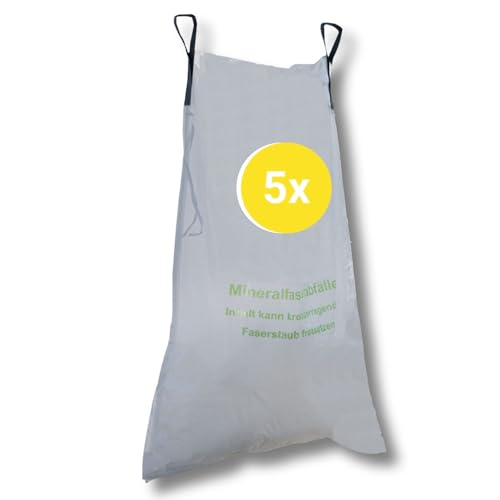 dm-folien Big Bag Mineralwolle 140x220 cm I 5 Stück I Fassungsvermögen von 700 Liter I Mineralwolle Sack mit Bindeband & Hebeschlaufen I KMF Big Bag Säcke mit 85g/m² Stärke I stabil & beschichtet von dm-folien gmbh